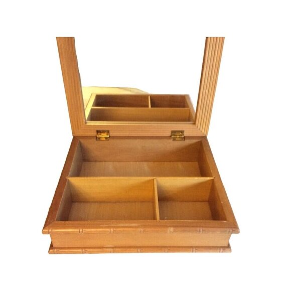 Vintage Bamboo-Style Wooden Jewelry Box With Asian-Inspired Glass-Lid Design & I - Picture 2 of 7